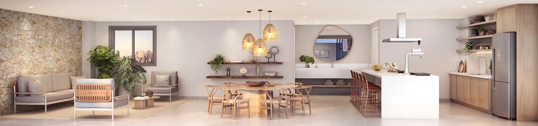 Interior da Casa de Campo, com estar, mesa de jantar para oito e cozinha com ilha