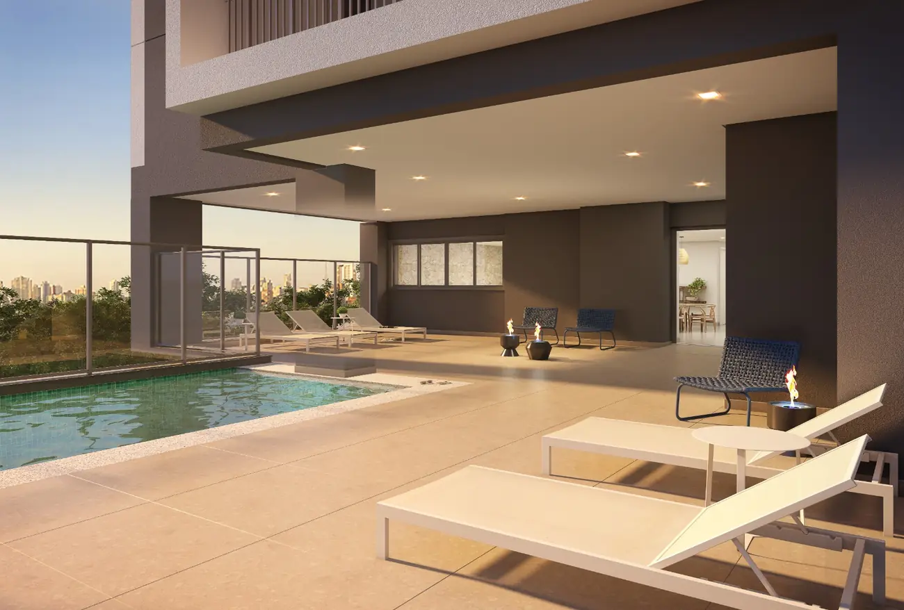 Deck da Casa de Campo, com piscina privativa, espreguiçadeiras e lareiras de mesa