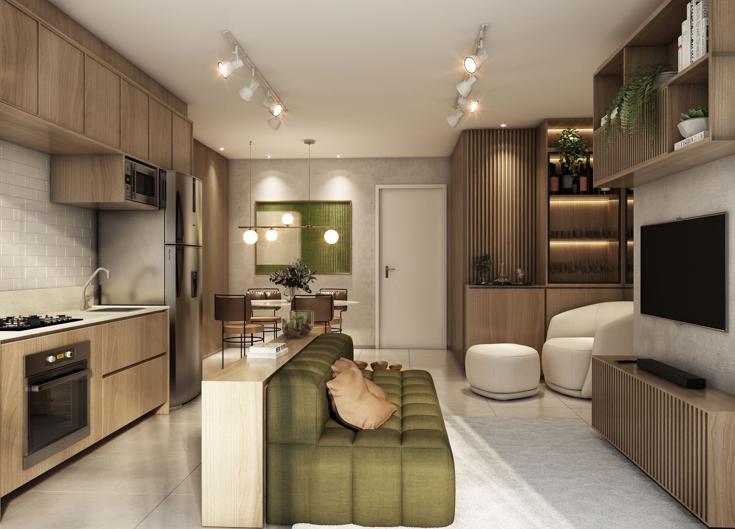 Living integrado do apartamento Confort de 49 m², com cozinha, mesa de jantar e sala de estar