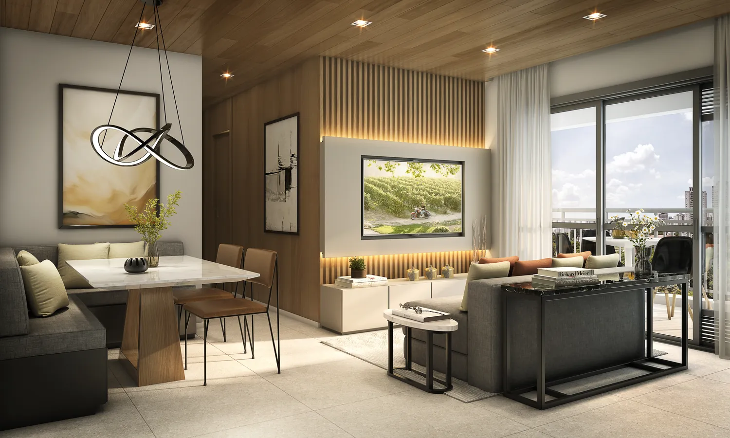 Living do apartamento Essence de 68 m², com sala de jantar e varanda ao fundo