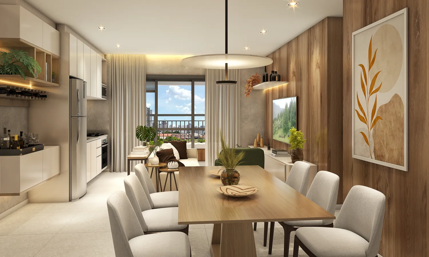 Living do apartamento Max de 77 m², com mesa para seis lugares e varanda