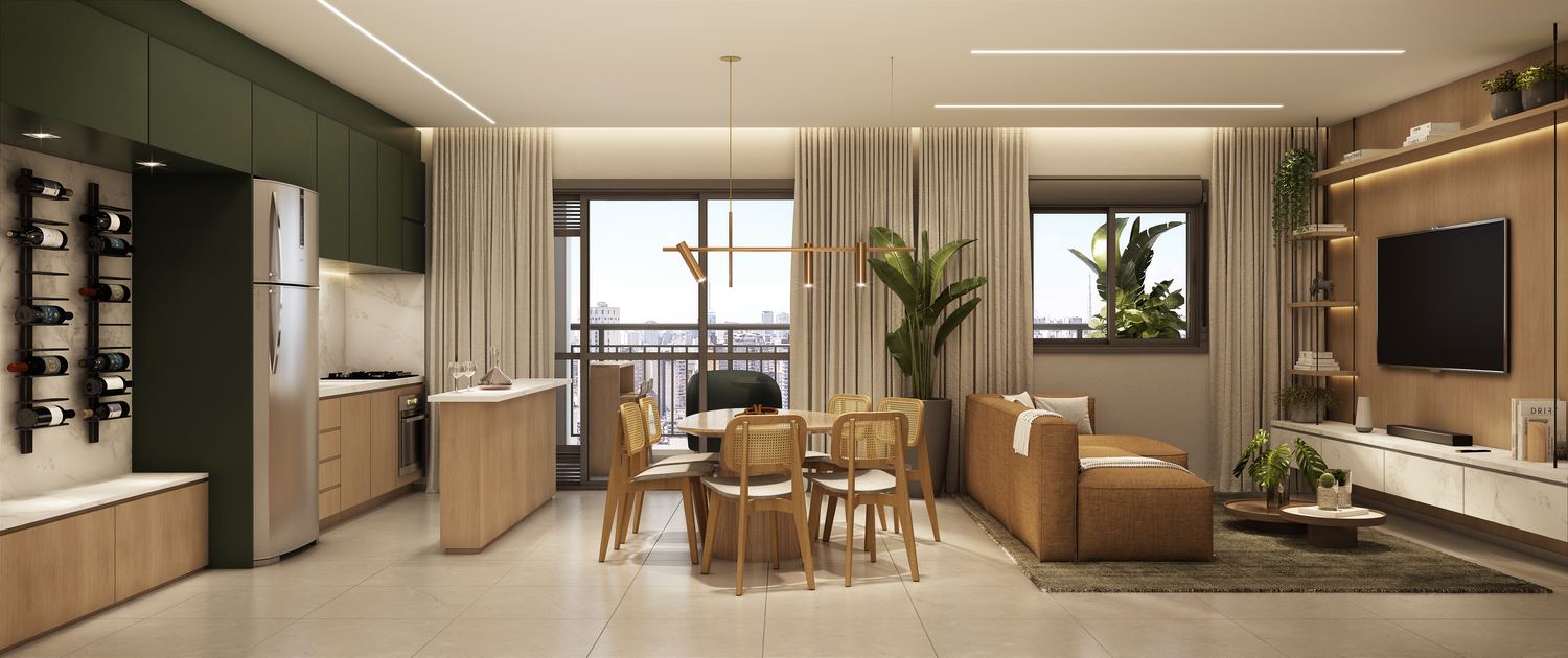 Living amplo do apartamento Max Plus de 77 m², com cozinha em armários verdes, ilha e sala de estar