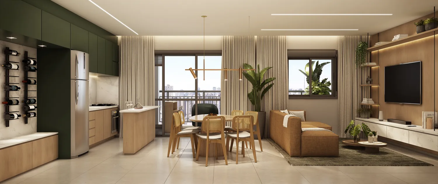 Living amplo do apartamento Max Plus de 77 m², com cozinha em armários verdes, ilha e sala de estar